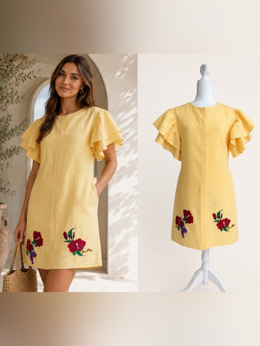 Fanm Mon Kelly Linen Mini Dress S Floral Embroidered Ruffle Sleeve Cottagecore
